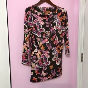 Tory Burch Brown 100% Silk Colorful Butterfly Print 3/4 Sleeve Tunic top Size S